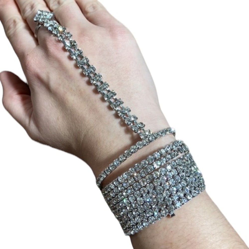 Rhinestone Coil Wrap Bracelet with Attached Adjustable Ring in Silver Tone
